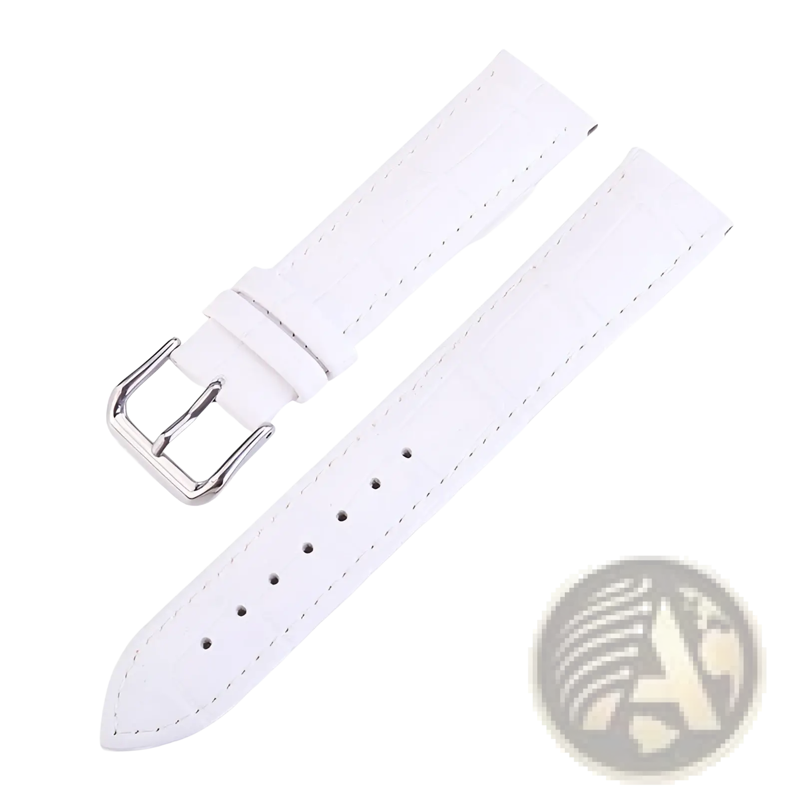White leather crocodile watch strap set with silver-toned buckle and contrasting stitching for refined style