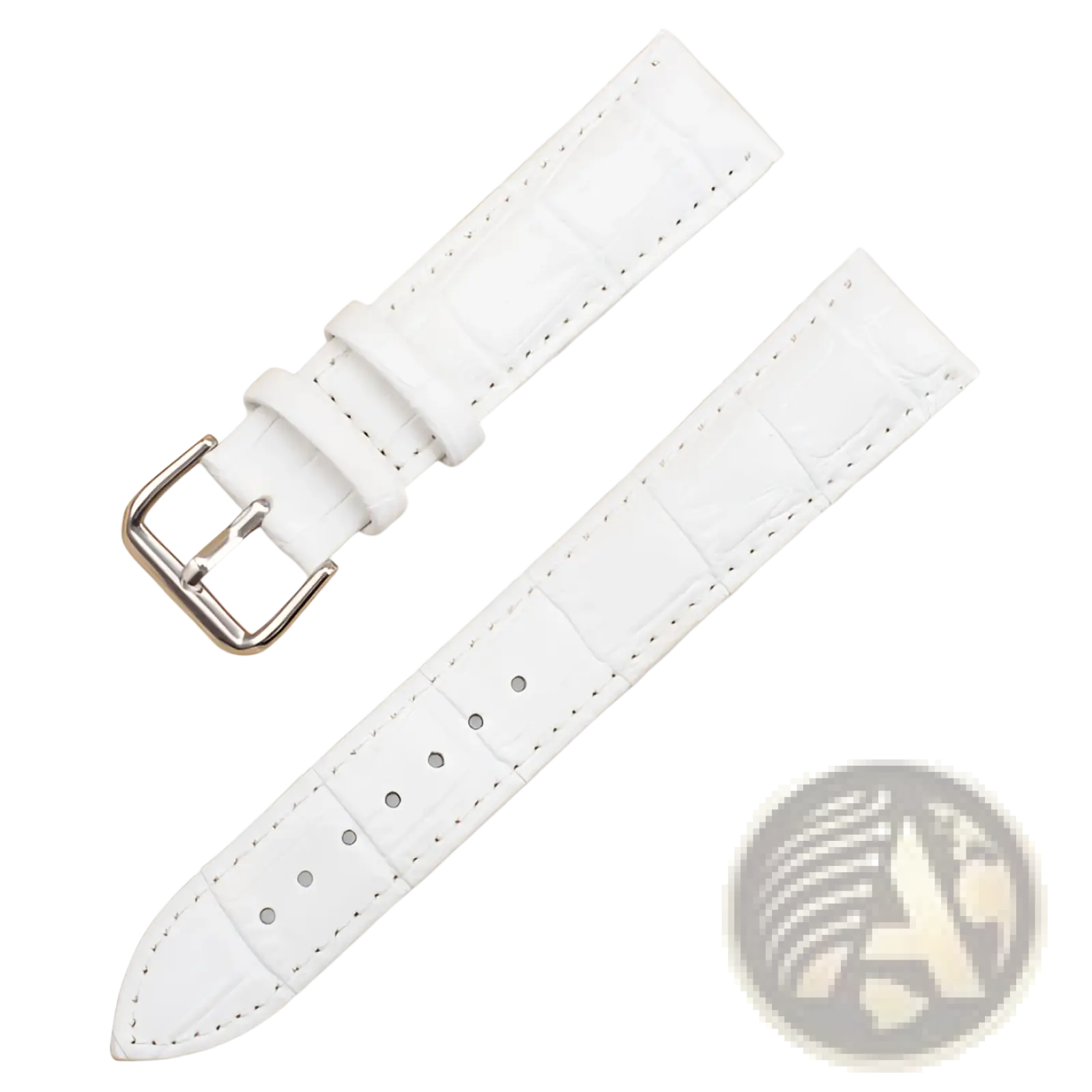 White crocodile-patterned leather watch strap with silver-toned buckle in crocodile leather watch strap set with buckle