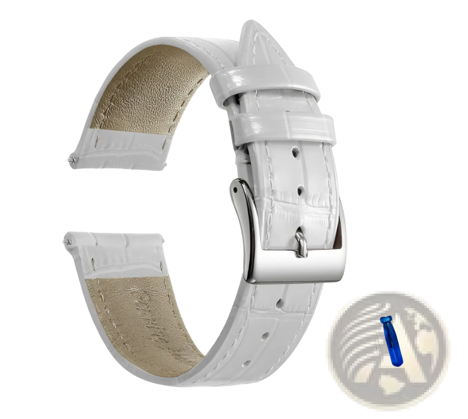 White crocodile leather watch strap with silver-toned buckle for elegant timepiece enhancement