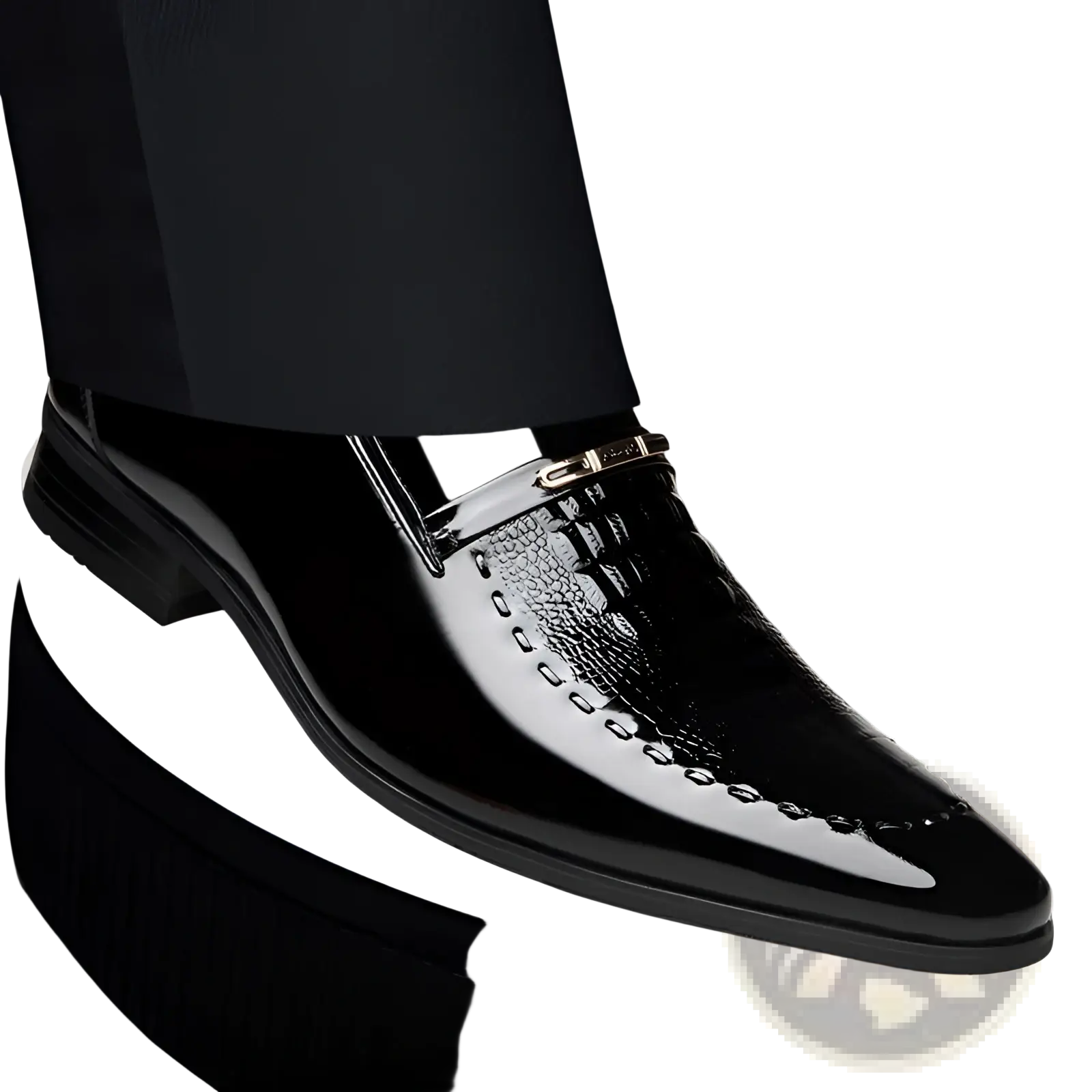 Black patent leather men’s loafer with glossy crocodile-embossed toe cap and gold-tone metal buckle detail