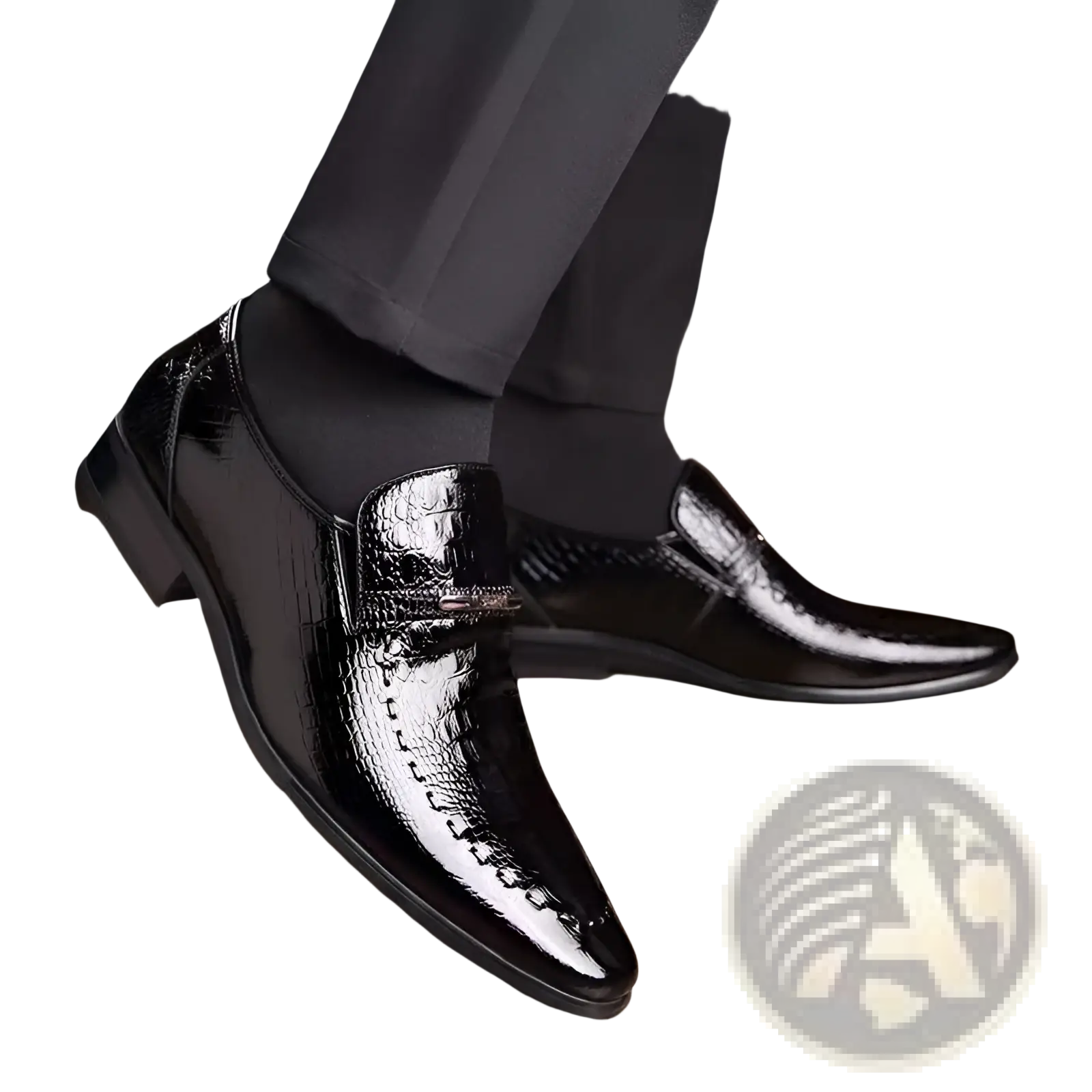 Black patent leather men’s loafers with crocodile skin texture and metallic buckle detail