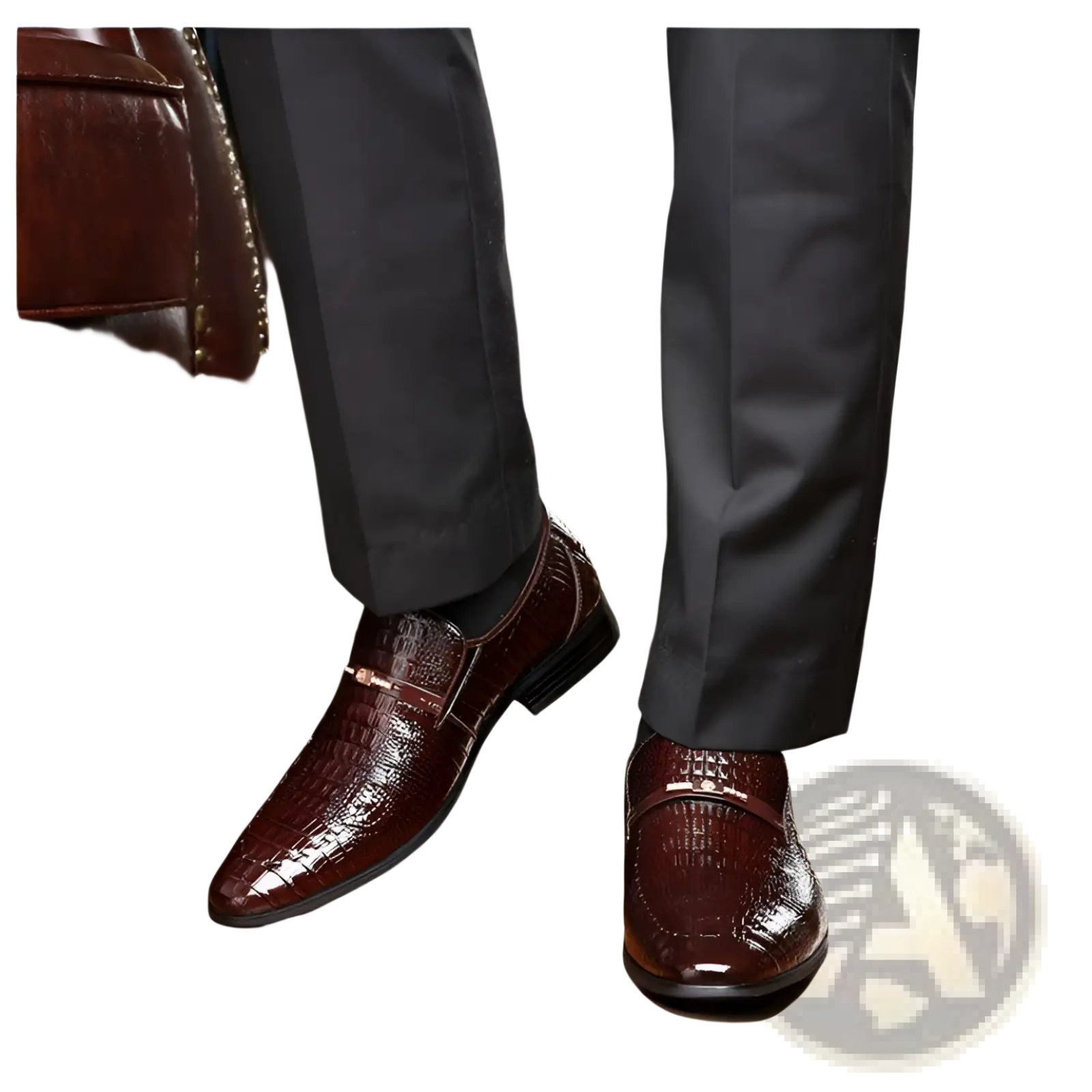 Burgundy crocodile-embossed leather slip-on dress shoes with metallic bar accent men’s loafers with buckle