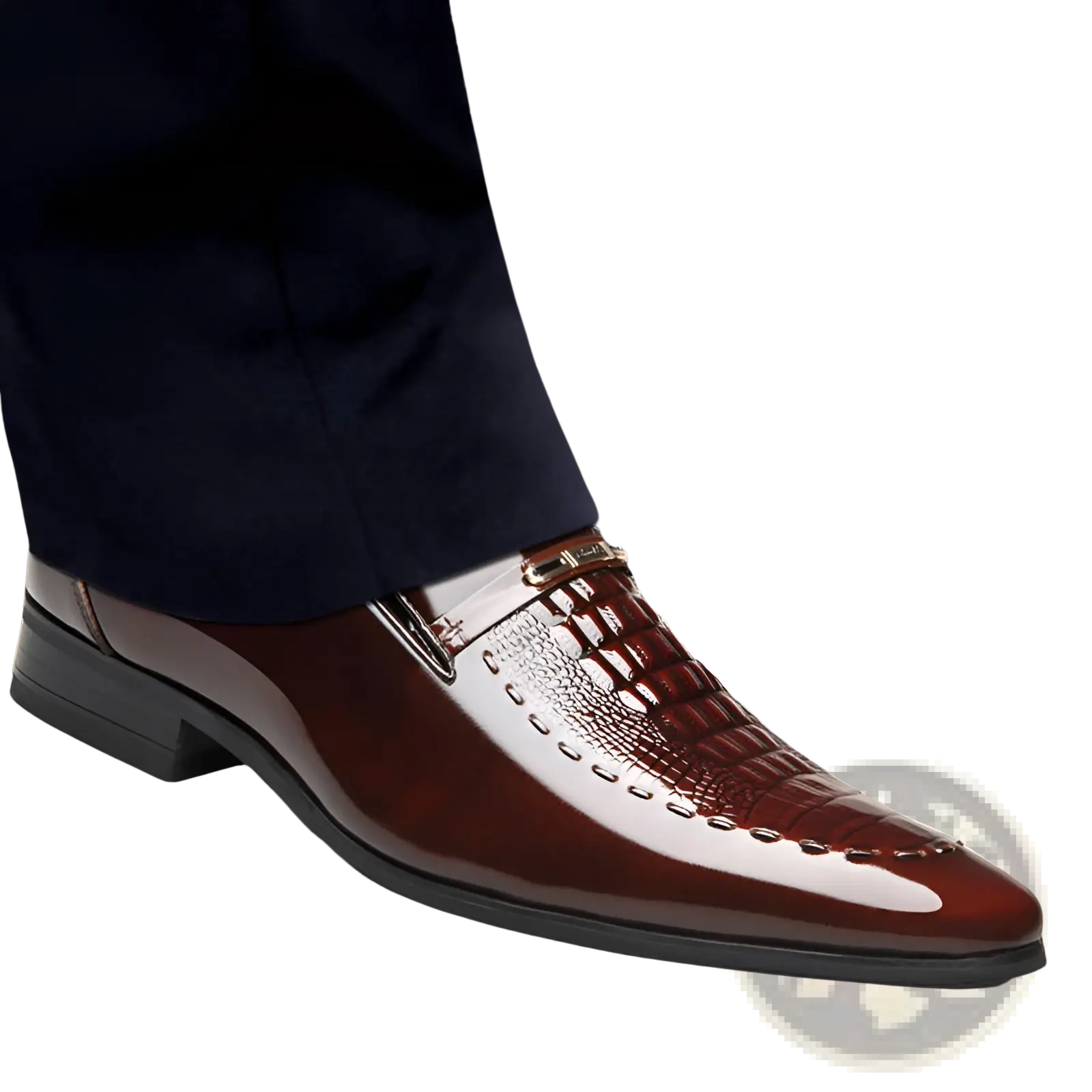 Polished burgundy and white crocodile patent leather men’s loafers with buckle featuring embossed toe cap detailing