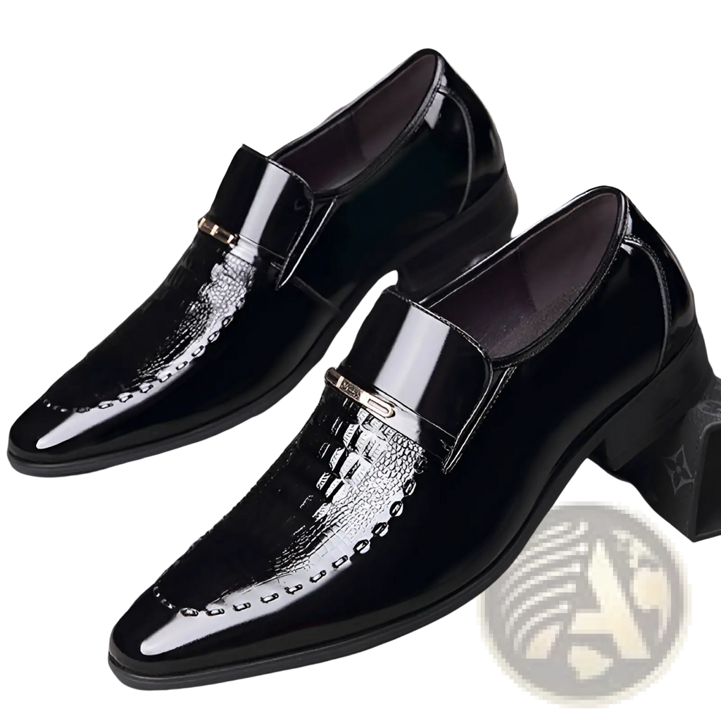 Black crocodile patent leather men’s loafers with glossy finish and gold-tone buckle accents on toe and side panels