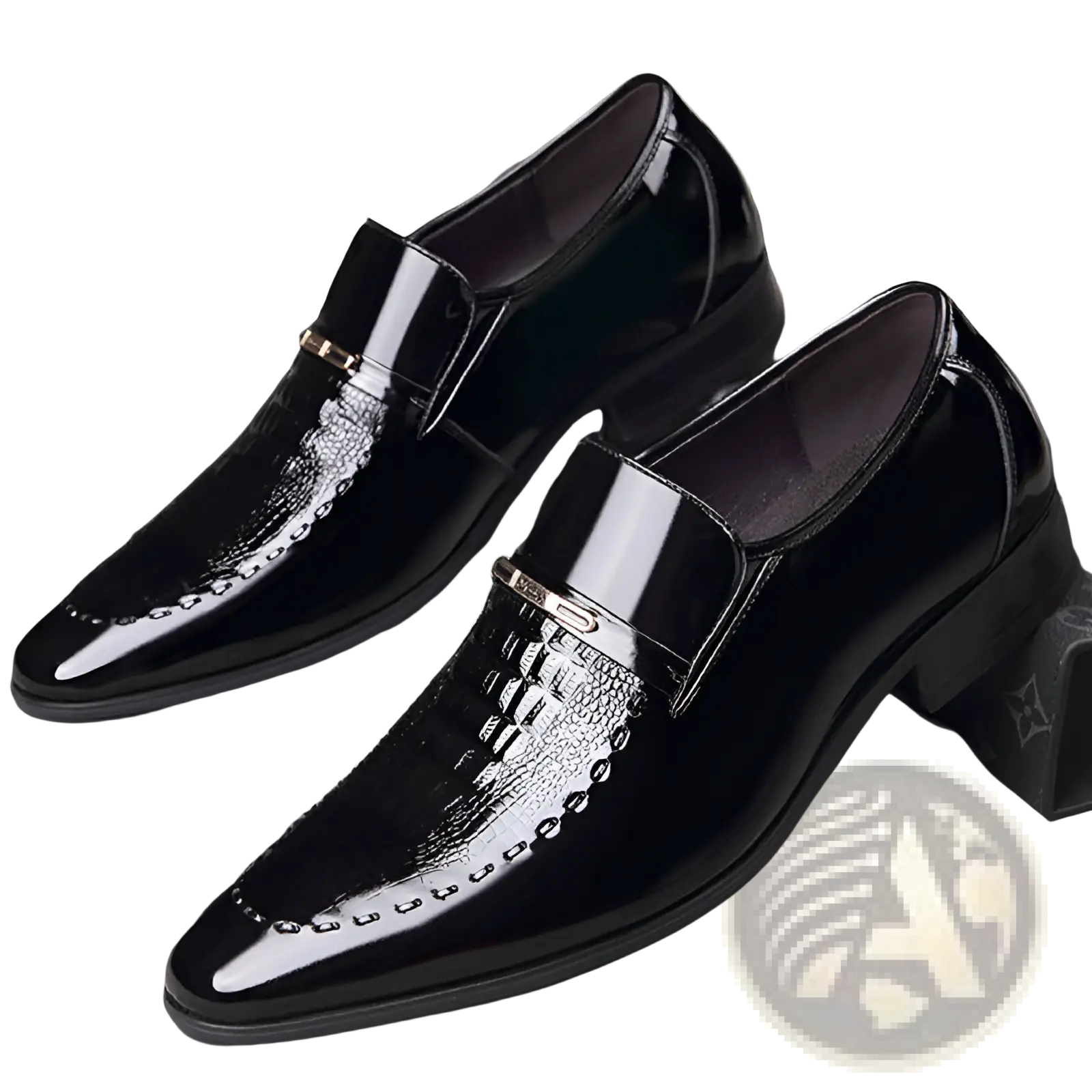 Black crocodile patent leather men’s loafers with glossy finish and gold-tone buckle accents on toe and side panels