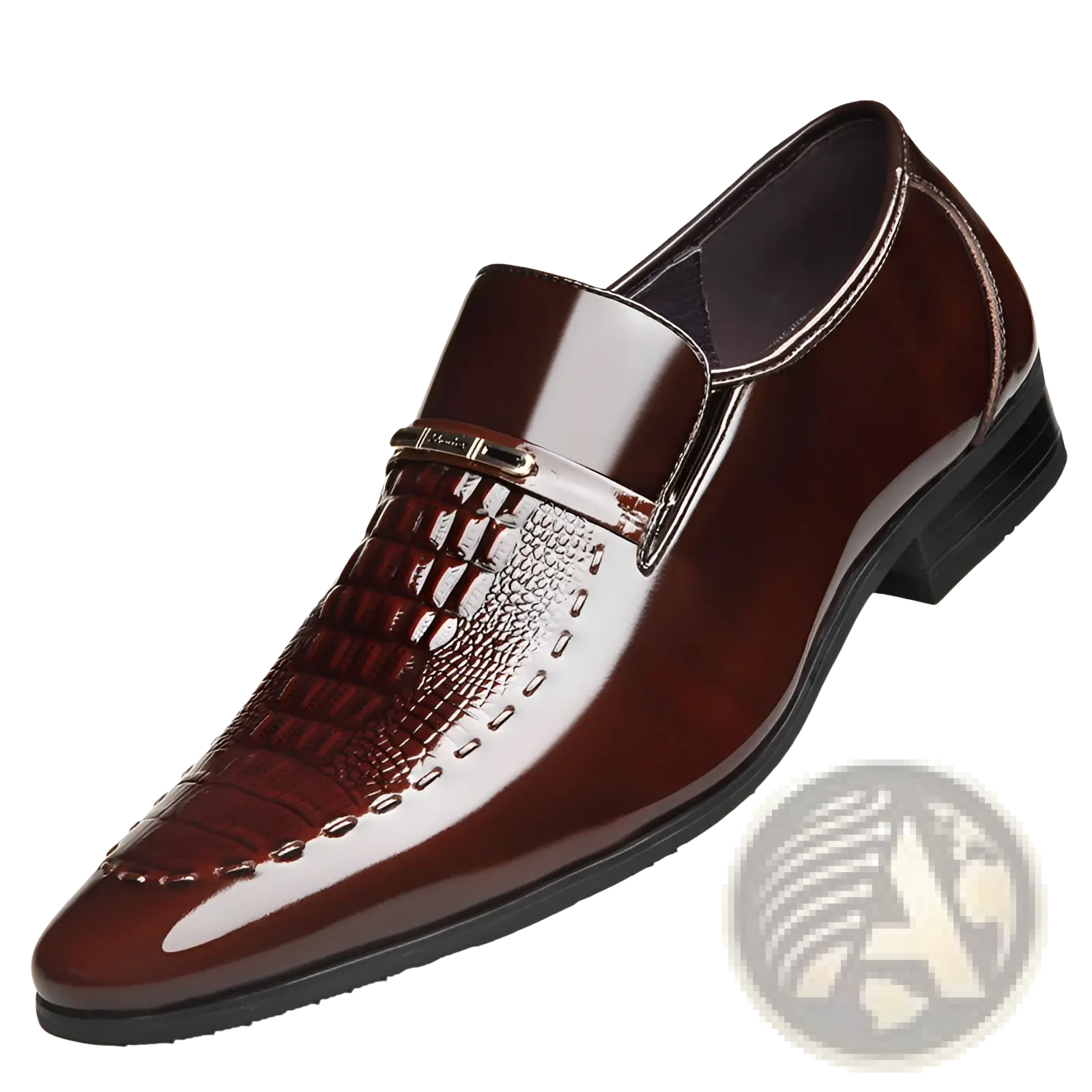 Polished burgundy crocodile patent leather men’s loafers with embossed toe and metallic buckle accent