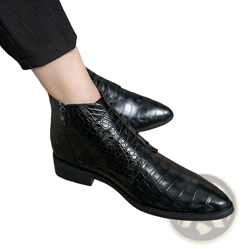 Black crocodile-patterned leather ankle boots with pointed toe and zipper closure shown from the back side