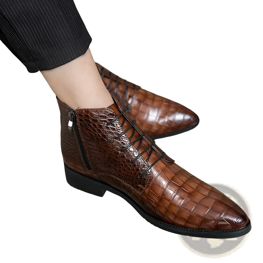 Brown crocodile pattern leather pointed toe ankle boots with black laces and side zipper for stylish wear