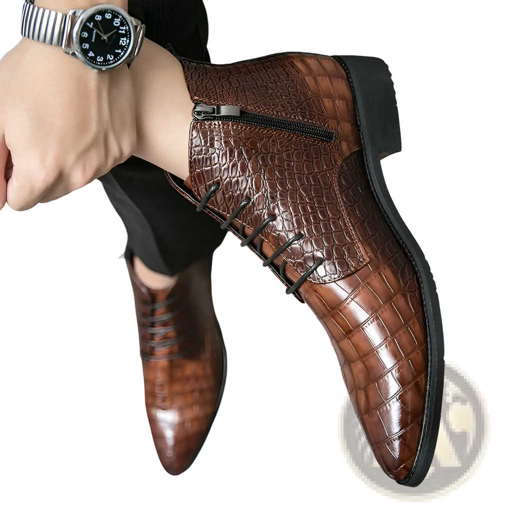 Brown crocodile pattern leather pointed toe ankle boots with black laces and side zipper closure
