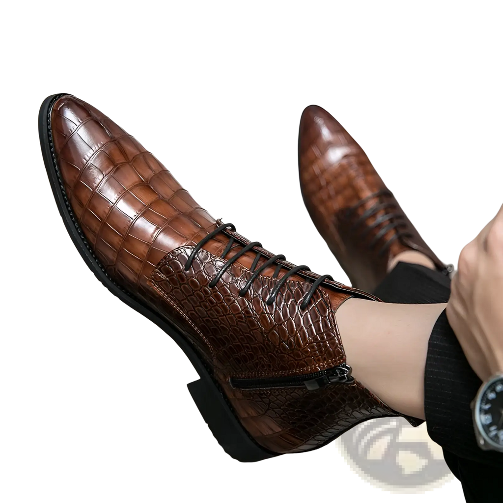 Brown crocodile pattern leather men’s pointed toe ankle boots with black laces and a side zipper