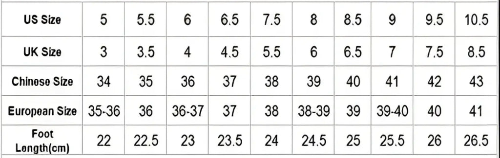 Size conversion chart for crocodile pattern leather pointed toe ankle boots showing US UK Chinese European sizes and cm length