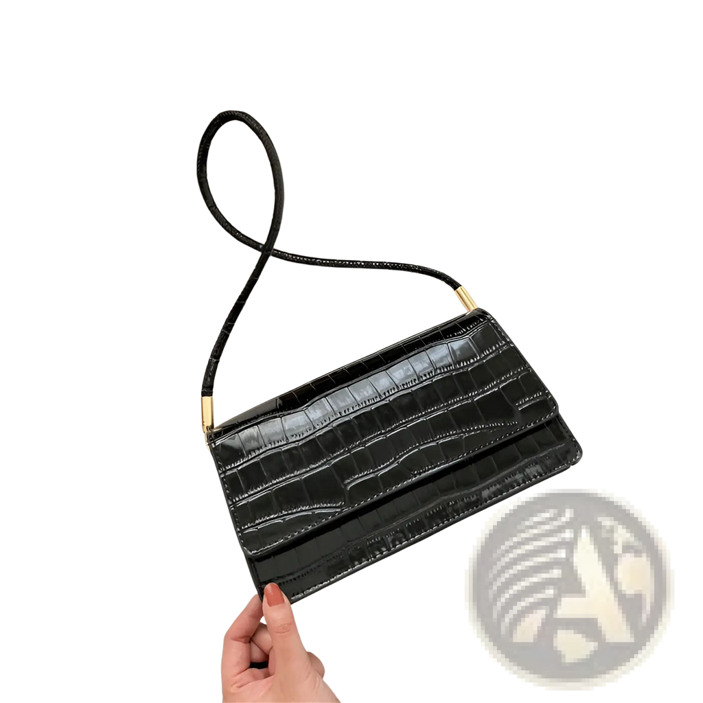 Black crocodile-embossed pu clutch bag with slender shoulder strap and gold-tone hardware for underarm use