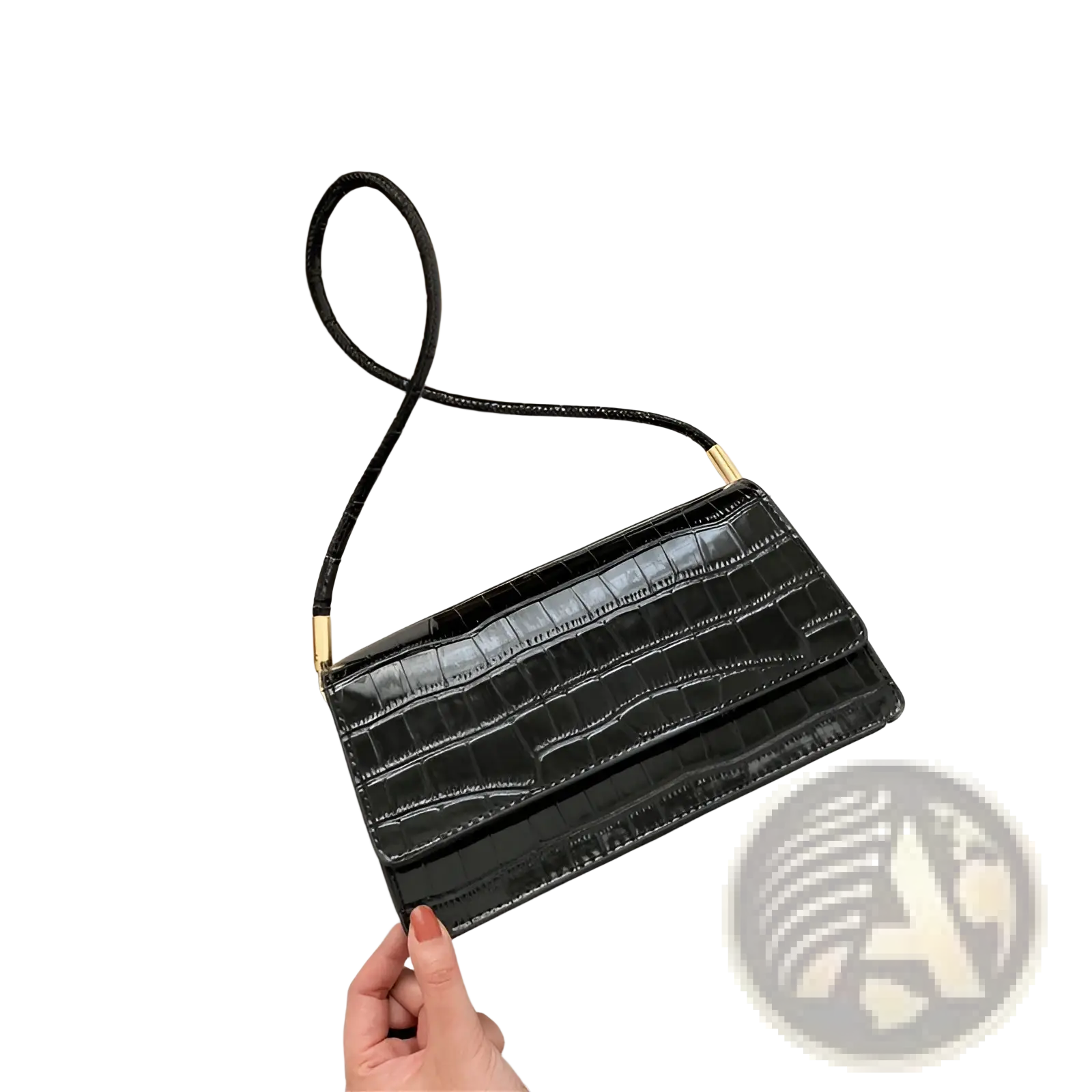 Black crocodile-embossed pu clutch bag with slender shoulder strap and gold-tone hardware for underarm use