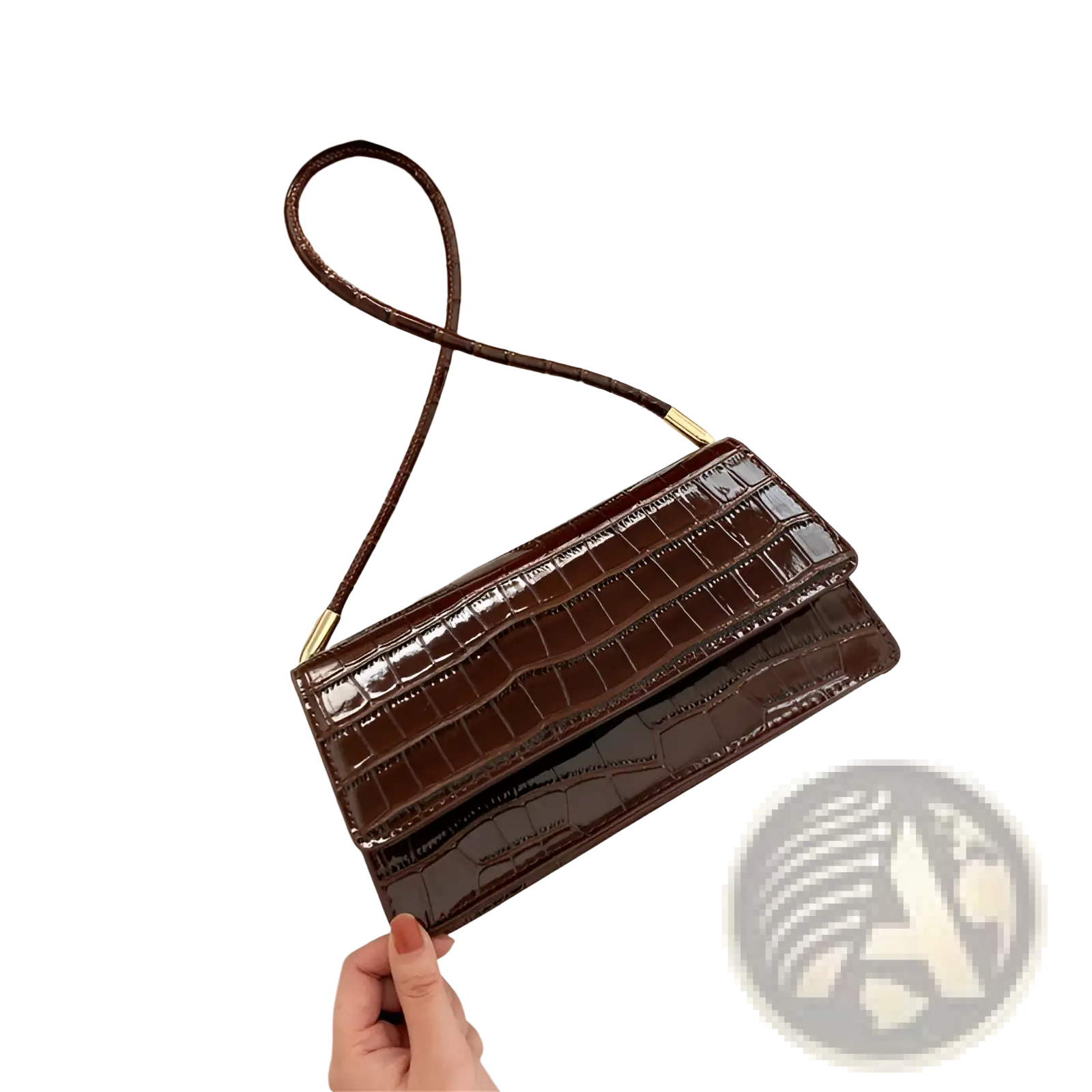 A sleek glossy brown crocodile-embossed pu underarm bag with slender shoulder strap and gold-tone hardware