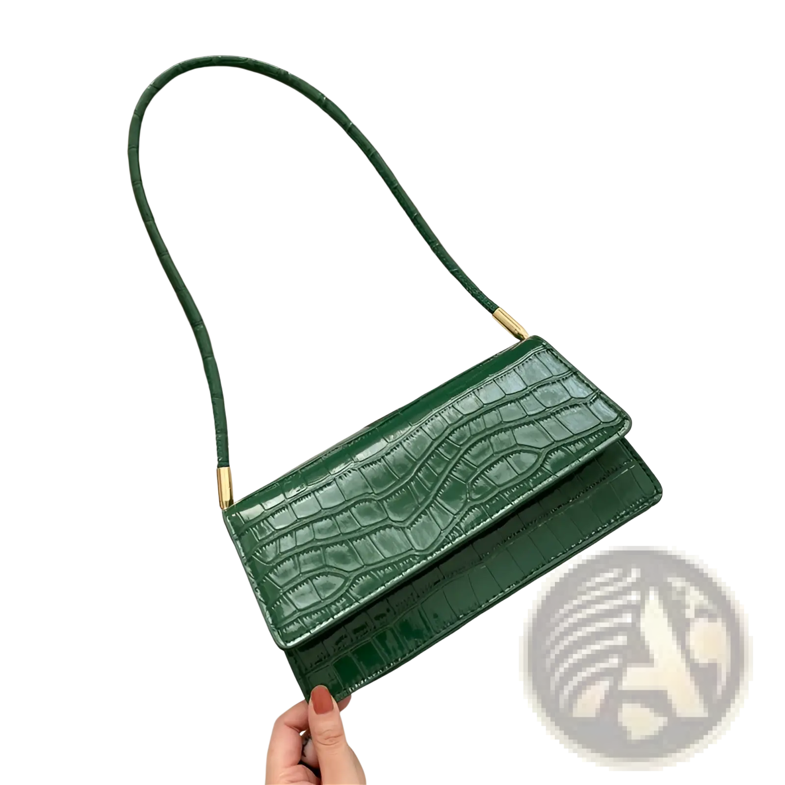 Emerald green crocodile embossed underarm bag with gold tone hardware and slender shoulder strap in high end pu clutch material