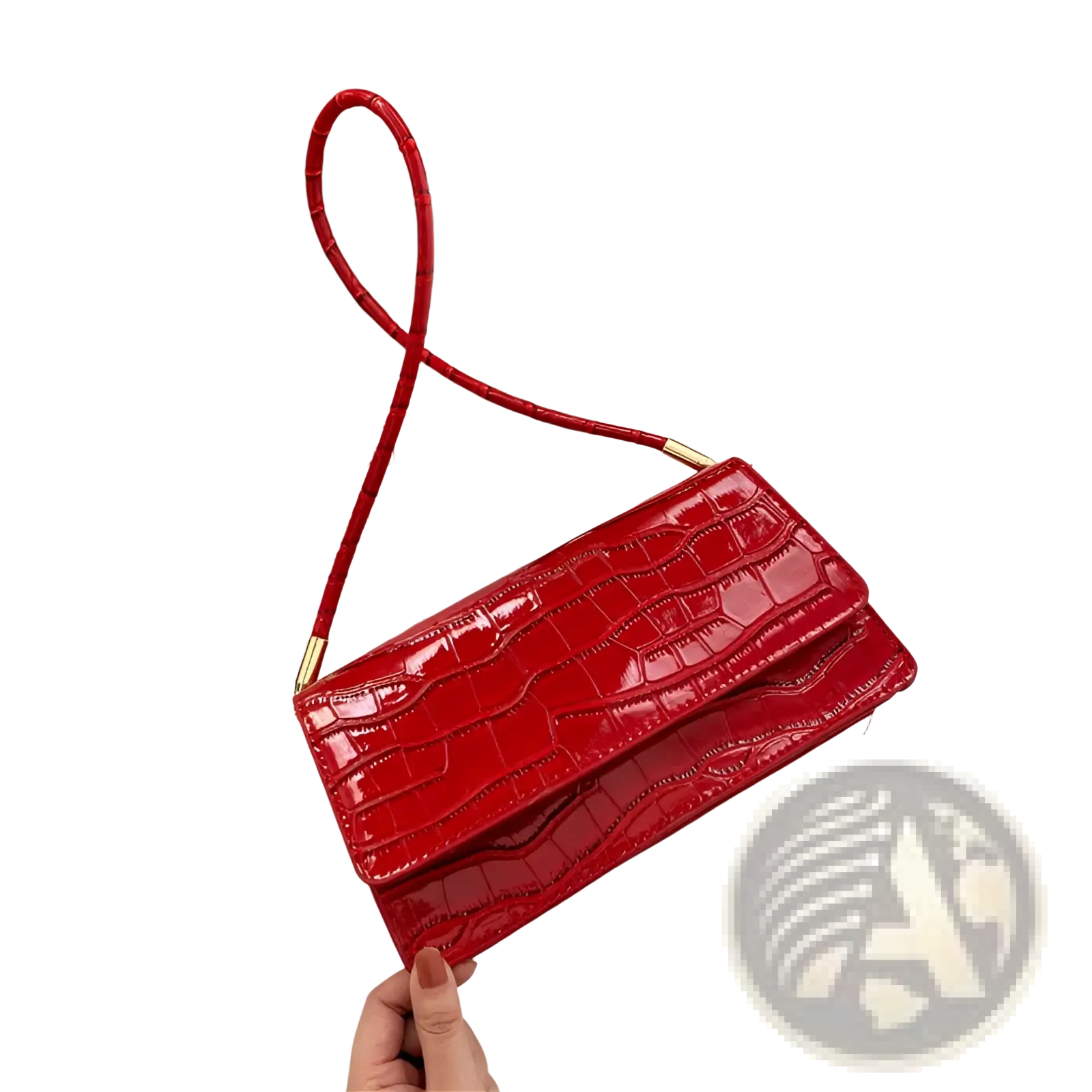 A glossy red crocodile pattern high-end pu clutch bag with a curved handle and gold-tone hardware for underarm use