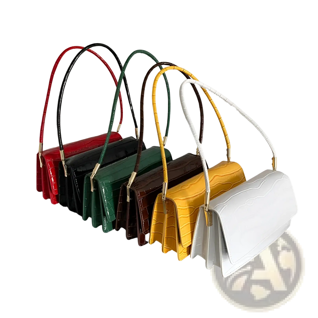 A collection of high-end pu crocodile pattern underarm bags in red black green brown yellow and white with curved handles
