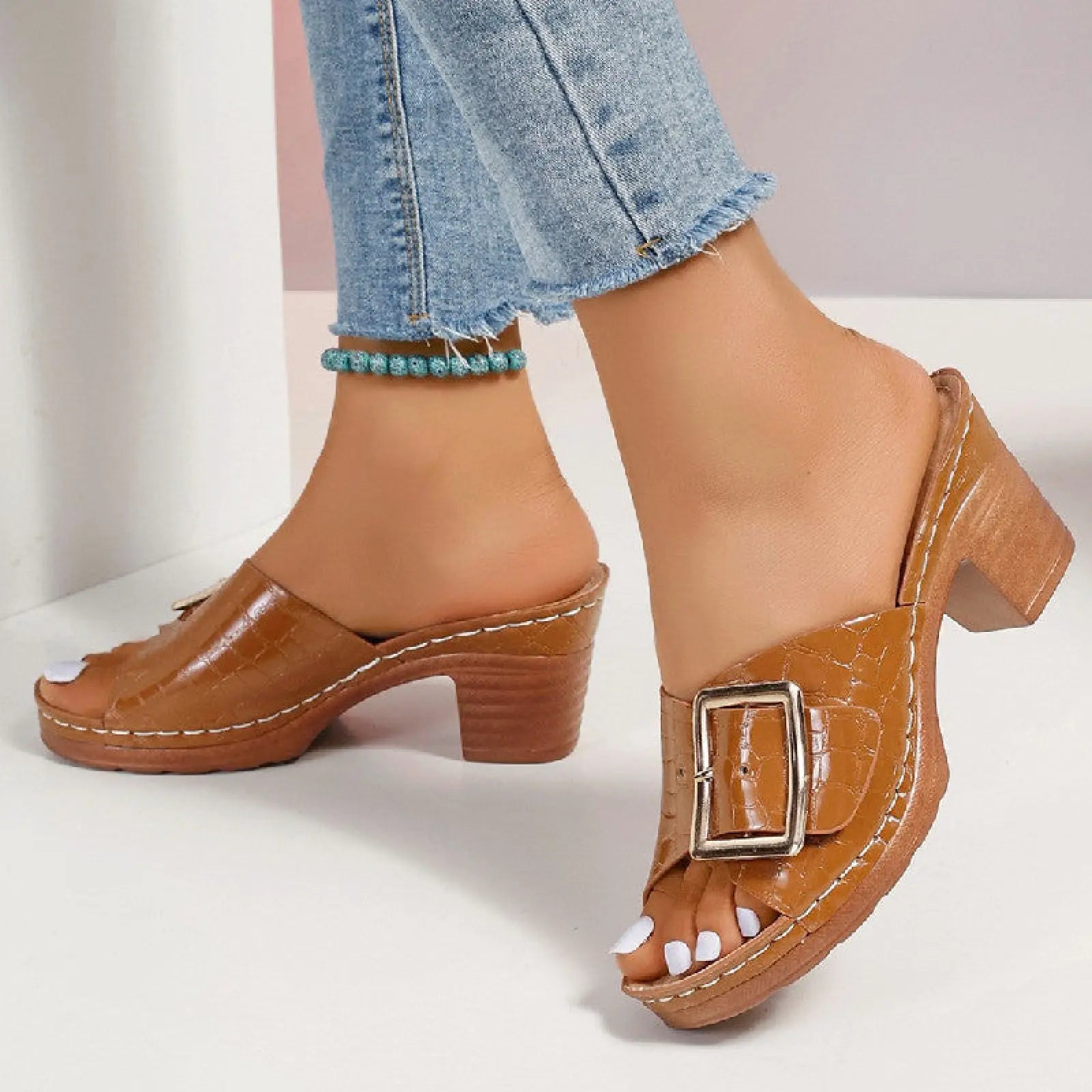 Brown crocodile textured chunky heel peep toe sandals with croc-embossed leather and gold rectangular buckle