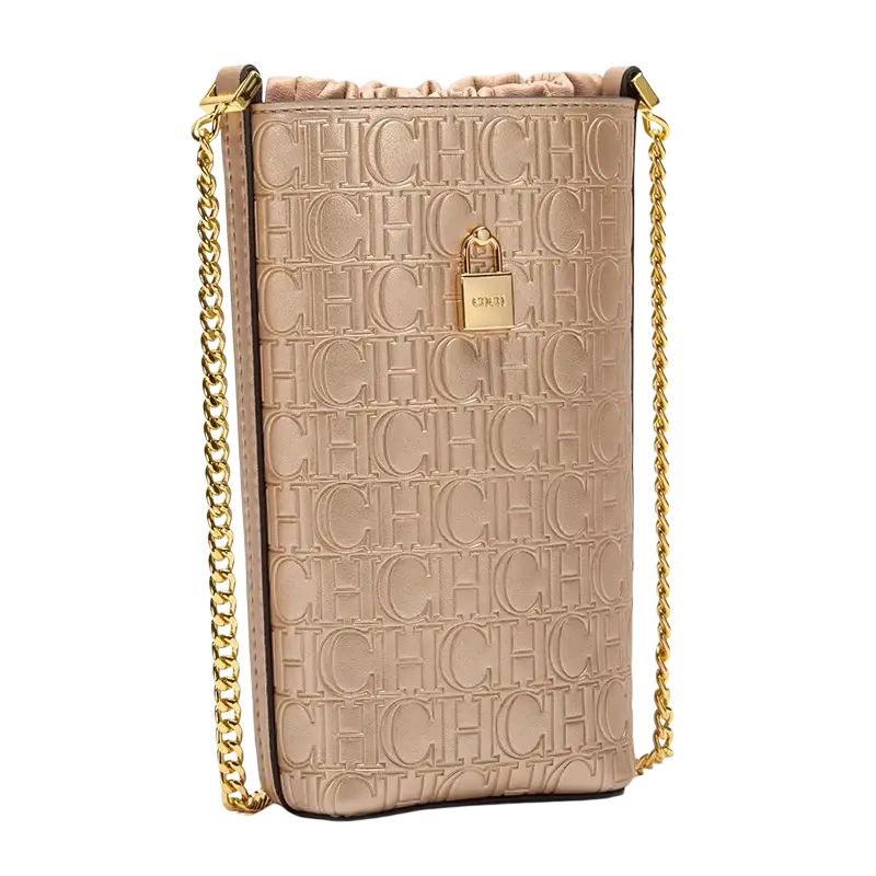 Beige leather phone crossbody bag with gold-tone chain strap and embossed logo pattern from guangdong province