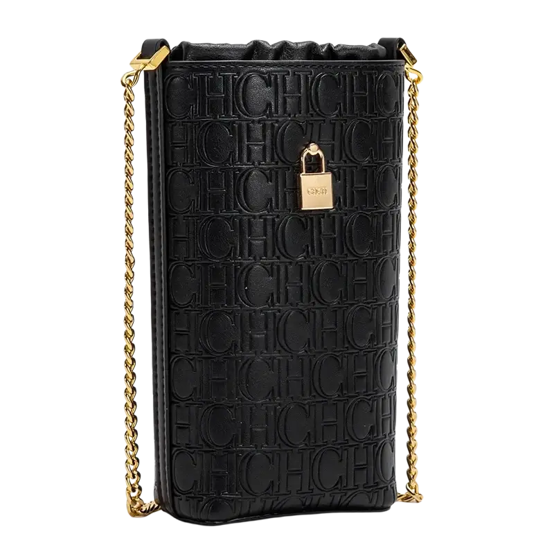 Black leather phone case with gold-tone chain strap and embossed ch logo pattern from guangdong province