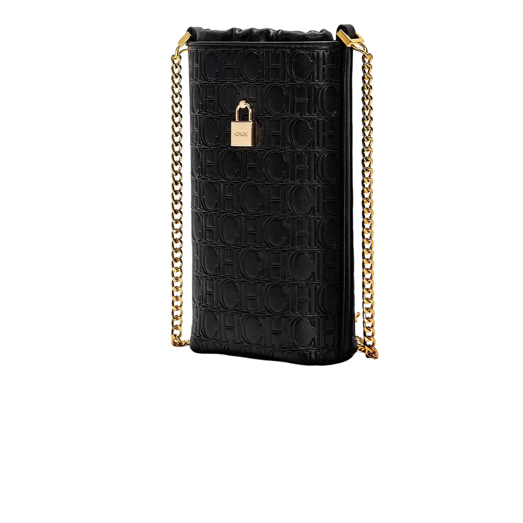 Black leather phone case with gold-tone chain strap and embossed chic pattern from guangdong province