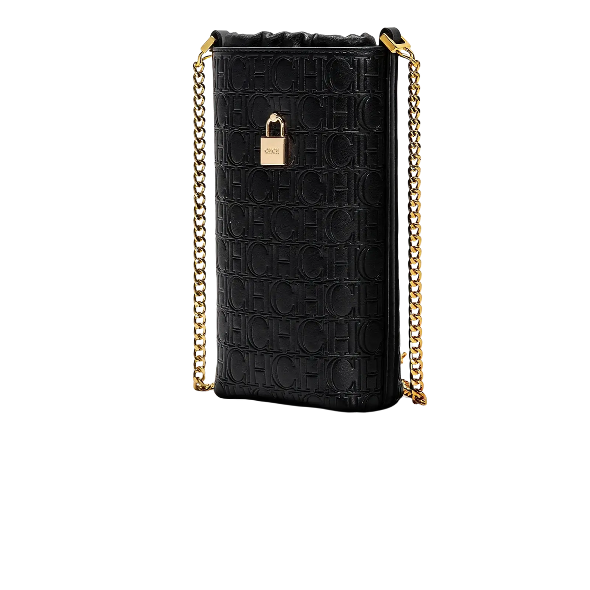 Black leather phone case with gold-tone chain strap and embossed chic pattern from guangdong province