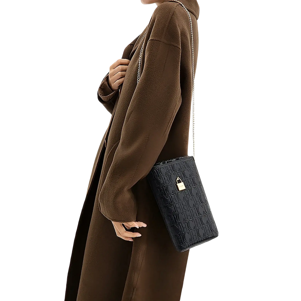 Black quilted crossbody bag with gold-tone padlock clasp featuring a monogram pattern from Guangdong Province