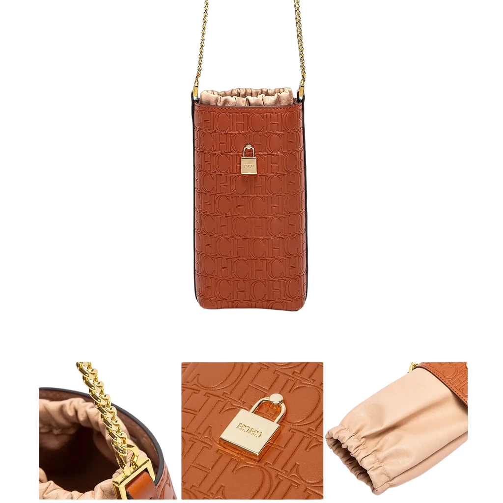 Brown leather phone case with embossed logo pattern and gold-tone lock detail from Guangdong Province crocodile textured shoulder bag