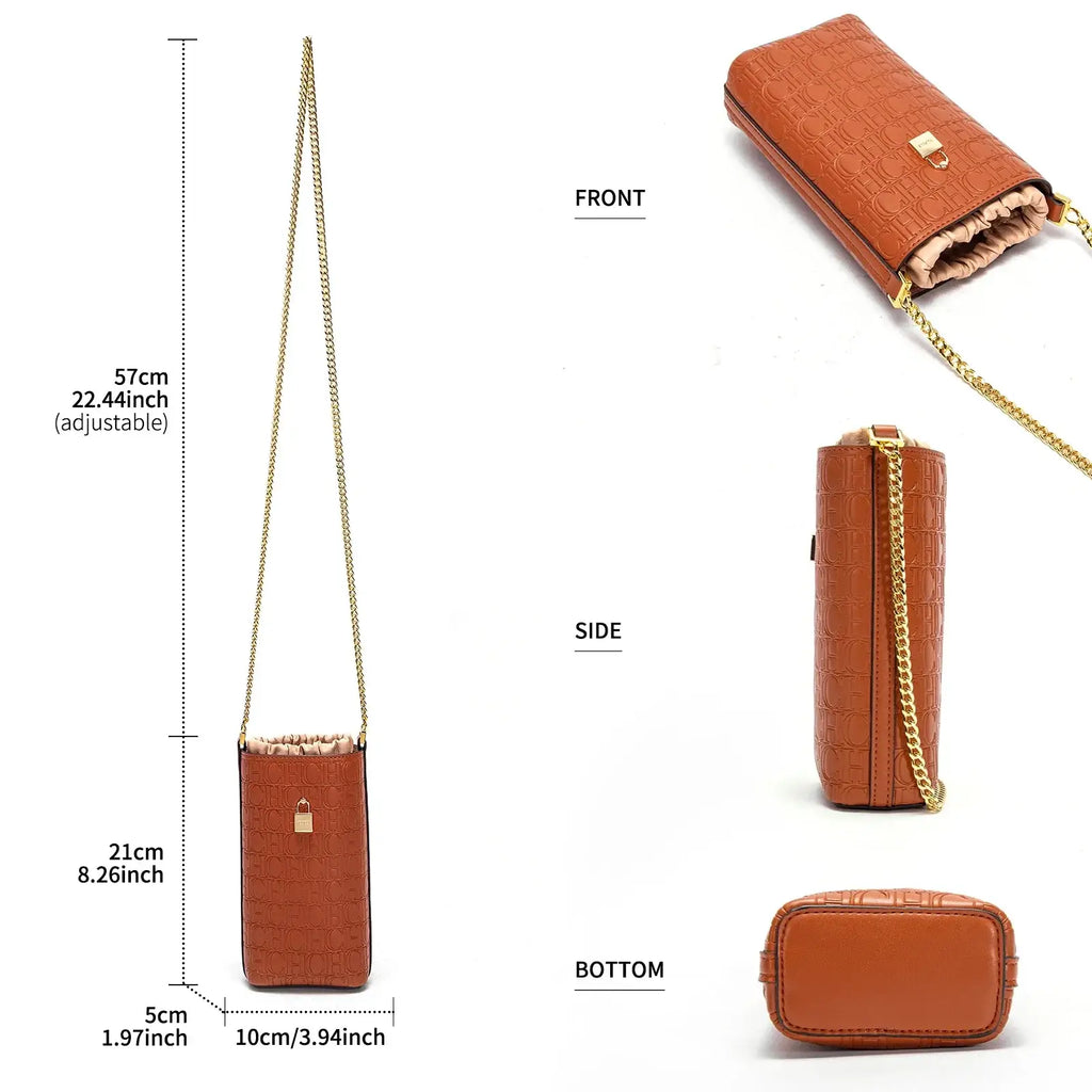 A tan crocodile-textured shoulder bag with gold chain strap and padlock clasp from Guangdong Province