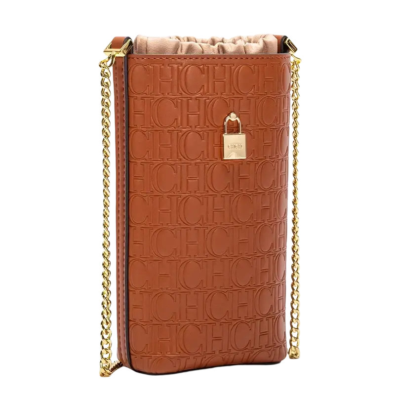 Tan leather crocodile textured shoulder bag from Guangdong Province with gold-tone chain strap and embossed ch logo pattern