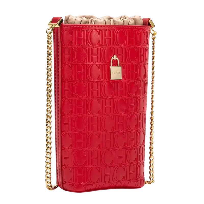 Vibrant red leather crossbody bag with embossed ch monogram and gold-tone chain strap from Guangdong Province