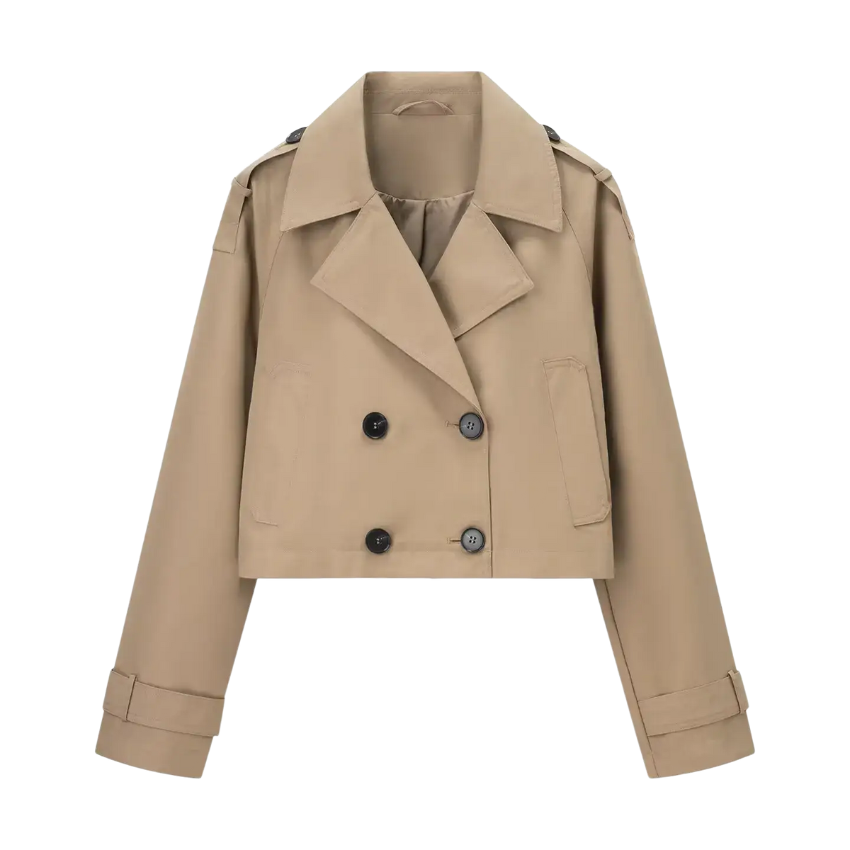 Beige cropped double-breasted trench coat with black buttons and adjustable cuffs for casual women’s outerwear