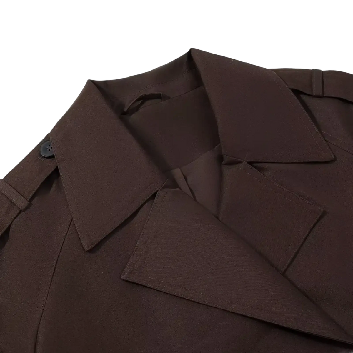 Cropped brown trench coat for women featuring a structured fabric collar with a single black button for casual outerwear