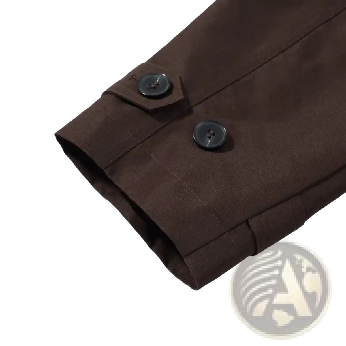 Dark brown fabric sleeve with two black buttons on a cropped brown trench coat women casual outerwear item