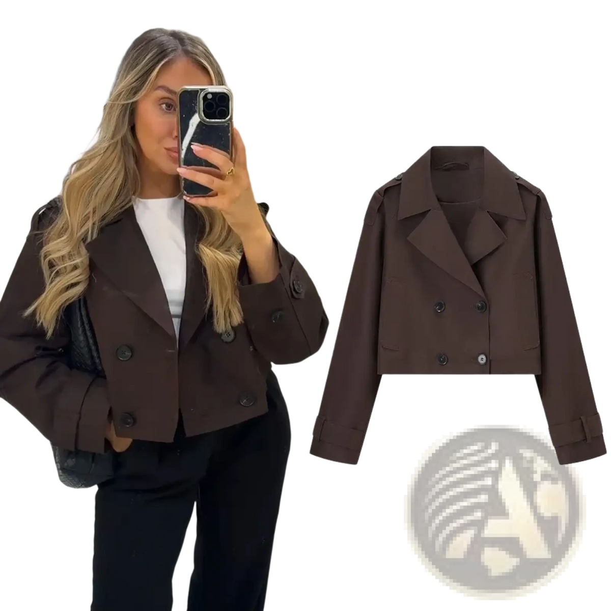 Brown double-breasted cropped trench coat with black buttons and epaulets for women casual outerwear
