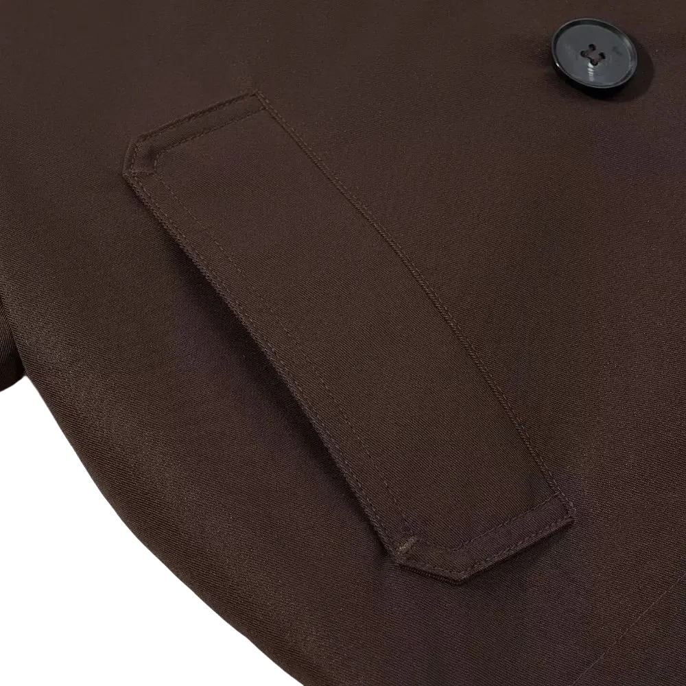 Cropped brown trench coat for women with brown fabric single button and neatly stitched pocket casual outerwear