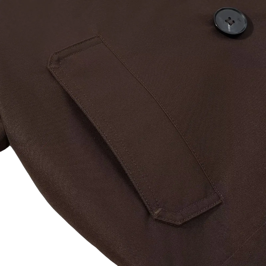 Cropped brown trench coat for women with brown fabric single button and neatly stitched pocket casual outerwear