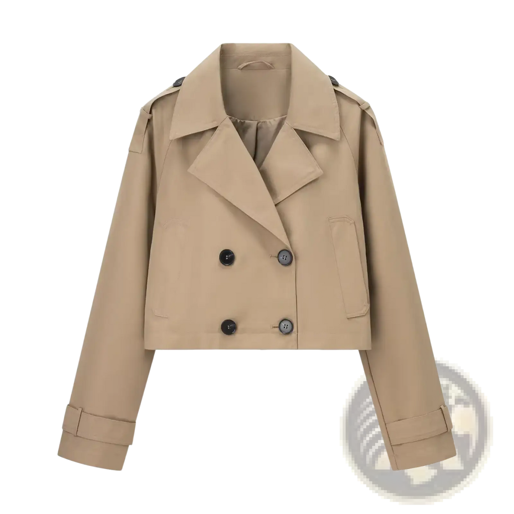 Beige cropped double-breasted trench coat with black buttons and adjustable cuffs for casual women’s outerwear