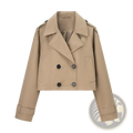 Beige cropped double-breasted trench coat with black buttons and adjustable cuffs for casual women’s outerwear