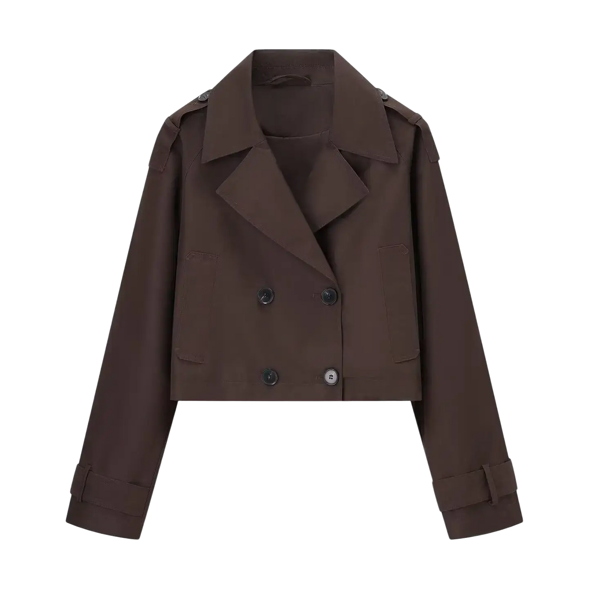 A sleek chocolate brown cropped trench coat with double-breasted front and adjustable cuffs for women casual outerwear