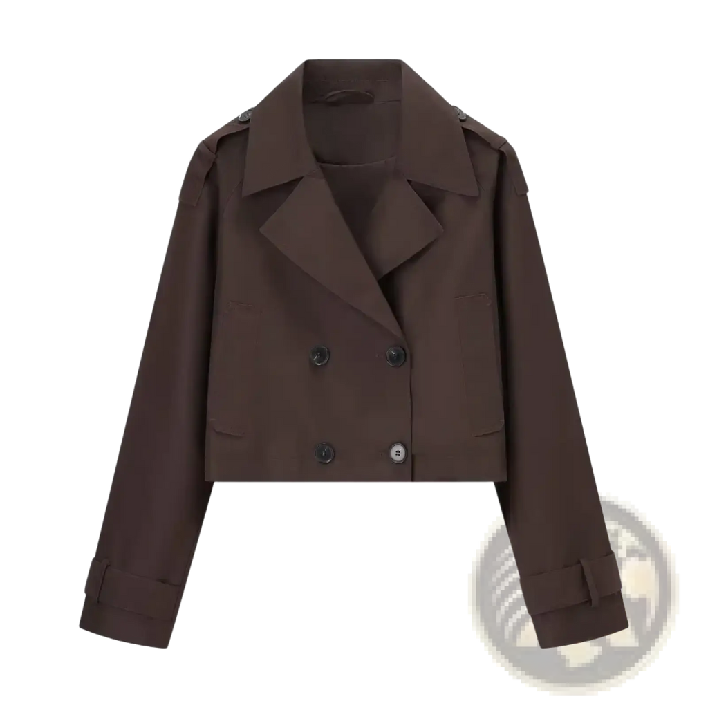 A sleek chocolate brown cropped trench coat with double breasted front and adjustable cuffs for casual outerwear