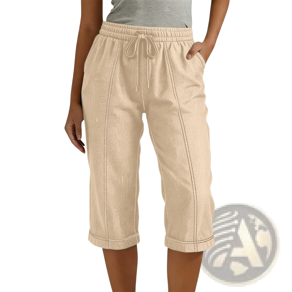 Beige cropped drawstring pants for women with elastic waistband and subtle seam stitching for casual loose wear