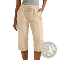 Beige cropped drawstring pants for women with elastic waistband and subtle seam stitching for casual loose wear