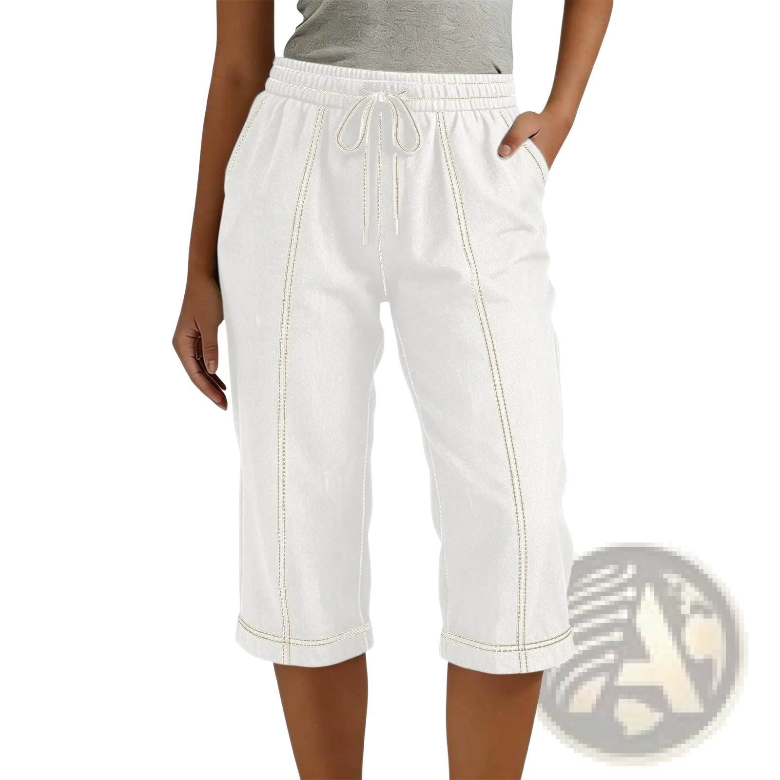 White cropped drawstring pants with a loose fit and subtle contrasting stitching for casual wear