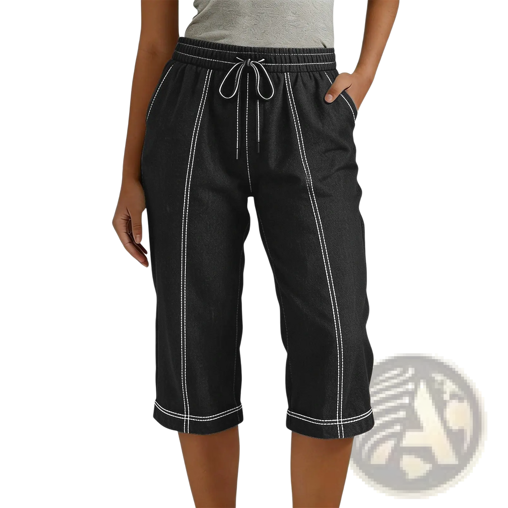 Black cropped drawstring pants with white side stitching, elastic waistband, and loose casual fit for women