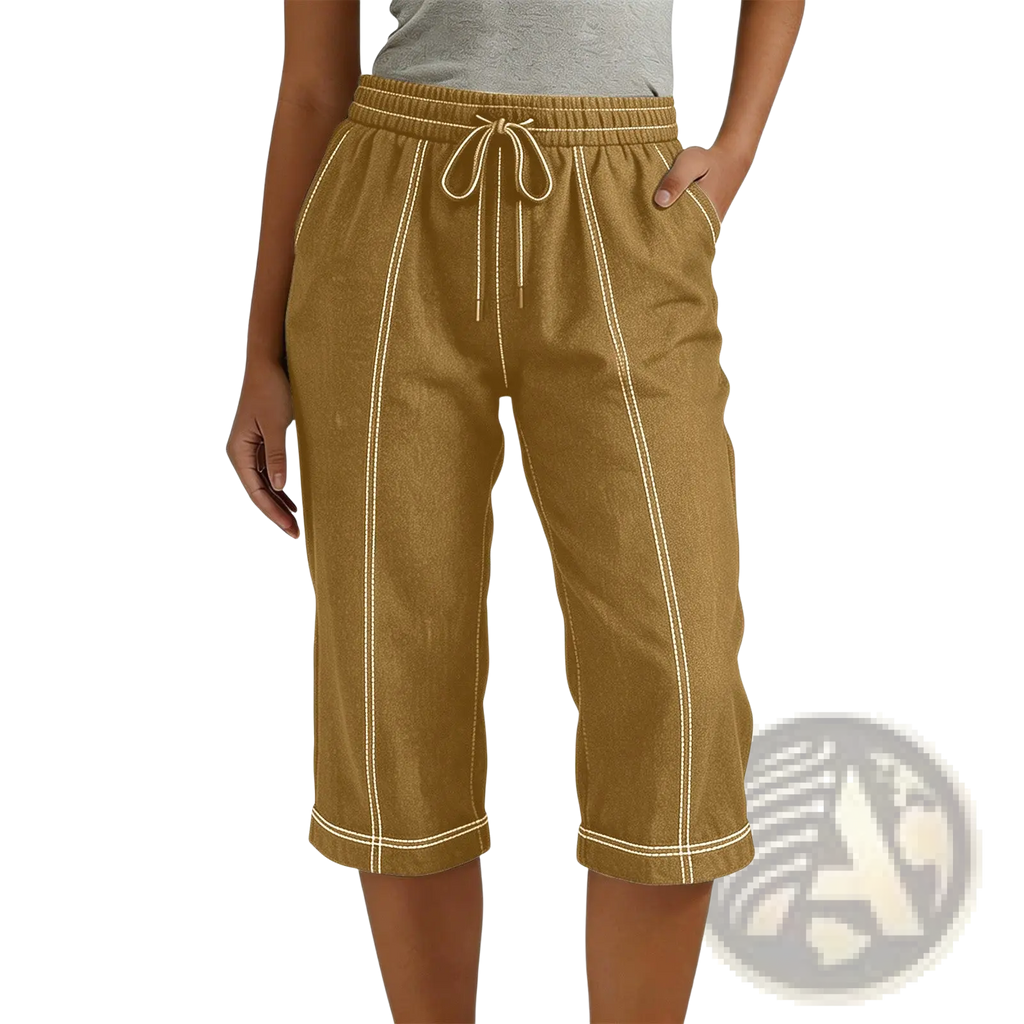 Tan linen cropped drawstring pants with white stitching and loose fit for casual women wear