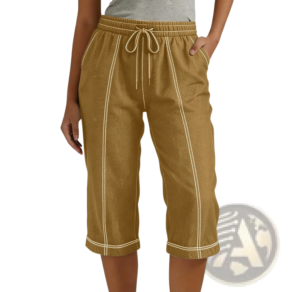 Tan linen cropped drawstring pants with white contrast stitching elastic waistband loose casual fit for women
