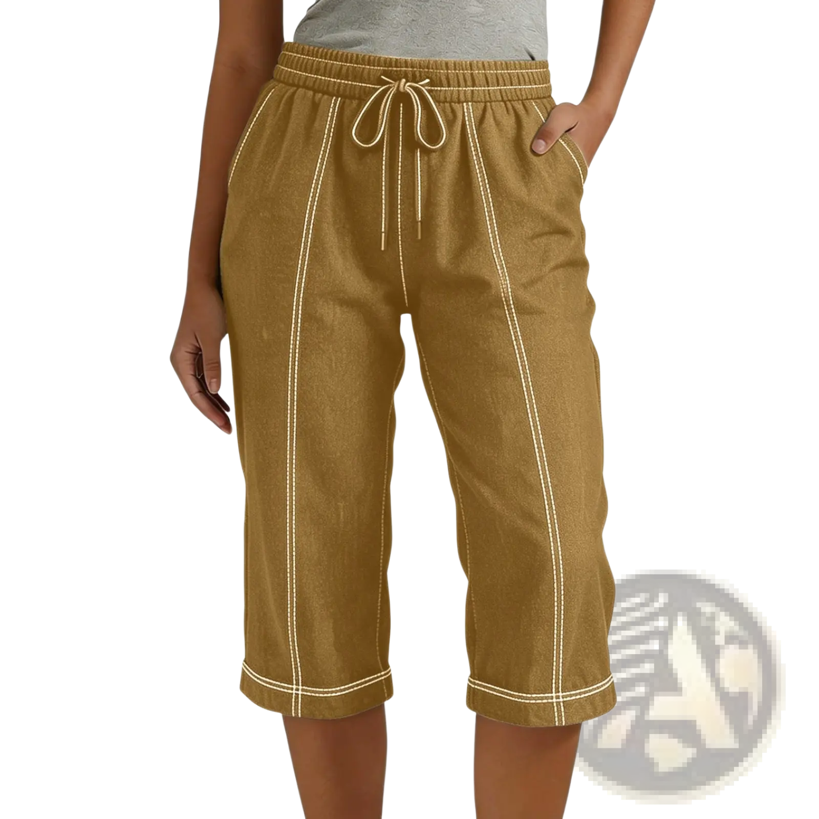 Tan linen cropped drawstring pants with white contrast stitching elastic waistband loose casual fit for women