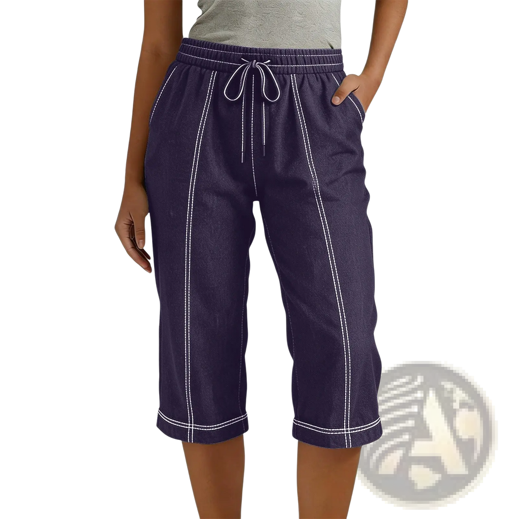 Navy blue cropped drawstring pants with white stitching elastic waistband loose casual solid women’s wear