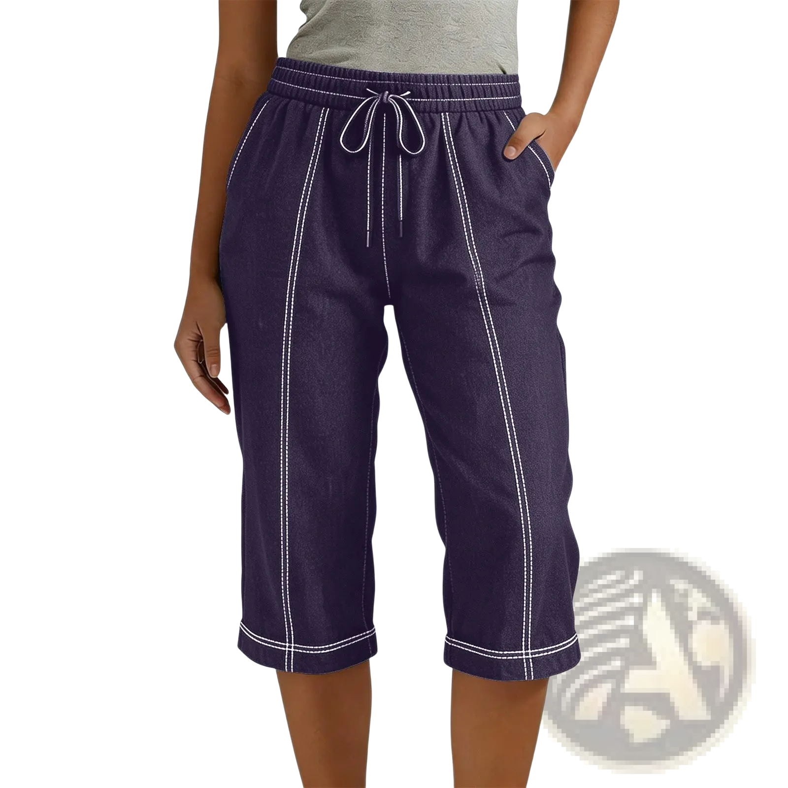 Navy blue cropped drawstring pants with white stitching elastic waistband loose casual solid women’s wear